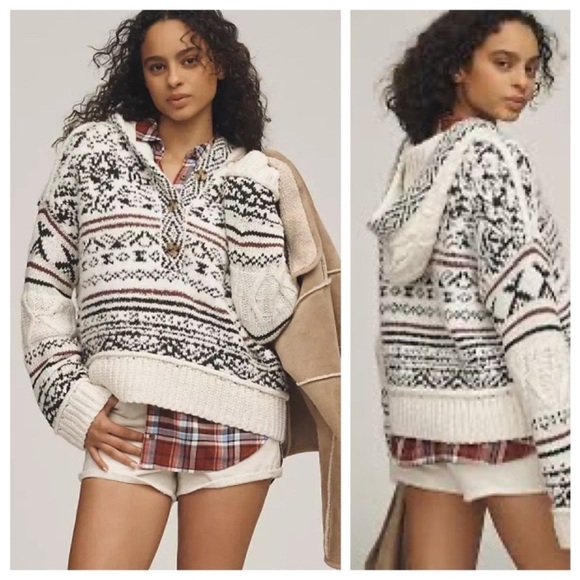 NWT! Anthropologie Ivory and Black Pilcro Relaxed Hooded Sweater - Size XS 🍟 - Picture 12 of 16